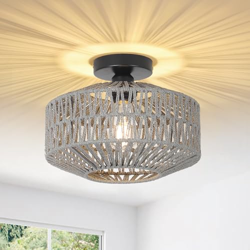 Boho Light Fixtures Ceiling Mount，Rattan Ceiling Light Fixture with Dimmable LED Bulb，Mini Hand Woven Chandelier Light Fixtures Ceilingfor Hallway Bedroom Kitchen Entryway Living Room（Grey） - color: Gray