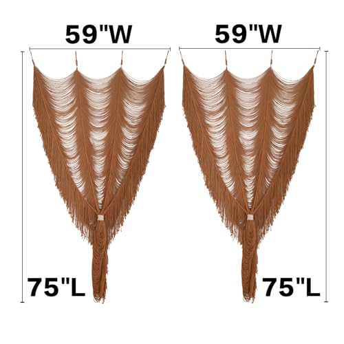 Flber 2 Panels Macrame Curtains Brown 59" W x 75" H Light Filtering Window Curtains Semi Sheer Drapes Room Divider Door Curtain, Wedding Backdrop Soft Neutral Window Treatment for Living Room Bedroom - color: Khaki *2