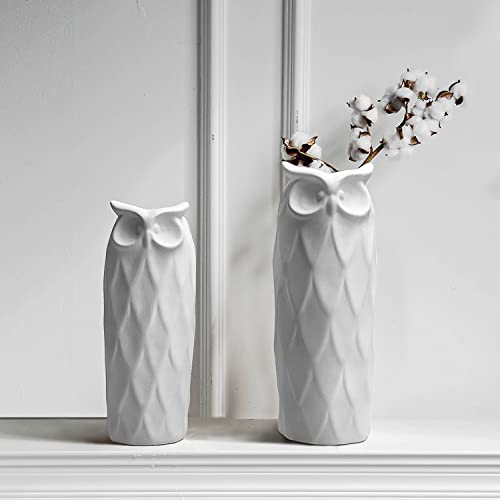 Owl Ceramic Vase Set of 2 for Living Room Bedroom 9.45'' and 8.27'' Modern White Fake Flower Plant Vases for Home Decor Office Table Shelf Fireplace Retro Rustic Farmhouse Vintage Classic Gift - color: White