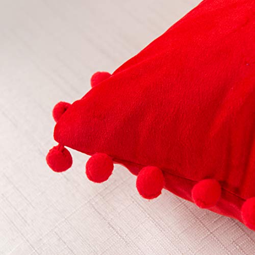 Elegant Comfort POM-POMS Fringe Velvet Cushion Covers Set of 2, Velvet Soft Solid Decorative Square Throw Pillow Covers Set Cushion Case for Couch Bed, Livingroom 18 x 18 Inch (45 x 45 cm), Red - color: Red, size: 18" x 18" (Pack of 2)