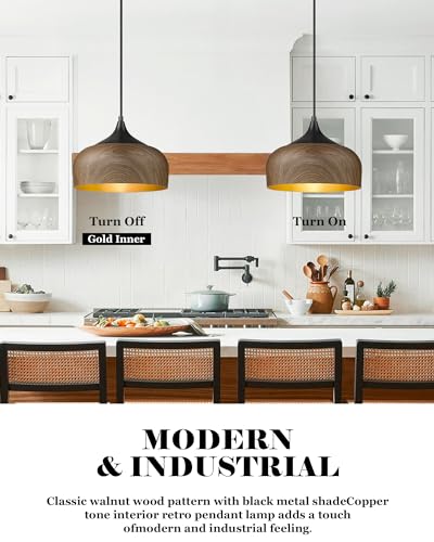 ELYONA Modern Bauhaus Pendant Light Walnut Wooden Pattern Dome Pendant Light Fixture Matte Black Metal Gold Inner Adjustable Hanging Lighting for Kitchen Island Dining Room Office Hallway Bedroom - color: Walnut & Black