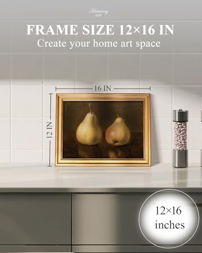 HUARCEY Gold Framed Vintage Wall Art for Living Room, Pear Fruits Painting Prints Shelf Decor for Kitchen, Aesthetic Bedroom Wall Art Decor, Christmas Gift for Friends or Family (Two Pears 12"x16") - color: Two Pears, size: 16"L x 12"W