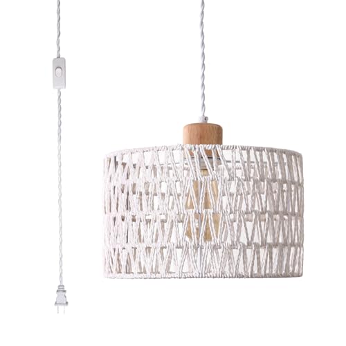 Plug in Pendant Light with Hand Woven Rattan Lampshade, Hanging Lamp with 15 FT Rope Cord On/Off Switch, Boho Pendant Light Fixture for Living Room Bedroom Kitchen Island Dinning Table - color: White