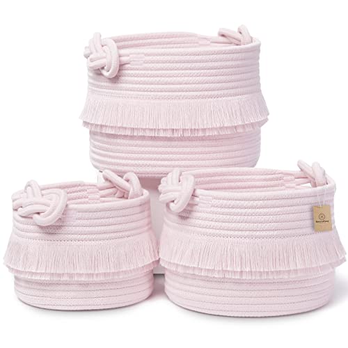 NaturalCozy 3-Piece Decorative Storage Basket Set – Pink Cotton Rope Small Woven Baskets for Organizing for Nursery Baby Stuff, Gift, Vanity, Montessori, Dog Cat Toy Bin, Planter, Bathroom Shelves - color: Pink
