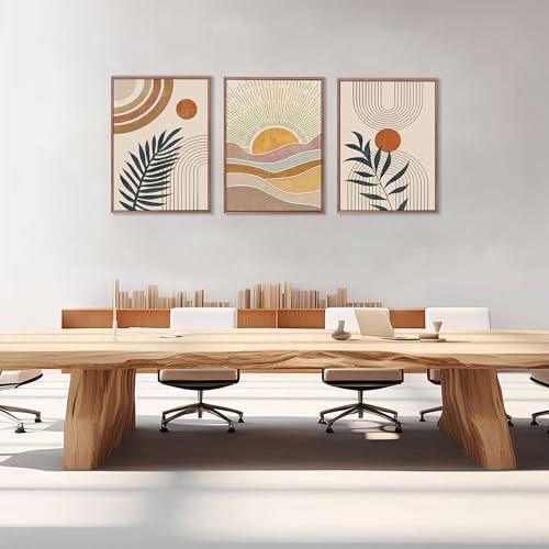 3Pcs Framed Boho Abstract Wall Art Orange Rainbow Sun Desert Minimalist Picture Mid-Century Modern Poster Prints Neutral Botanical Geometric Canvas Painting Wall Decor for Living Room 24L" x 16W" - color: Framed, size: 24L" x 16W"