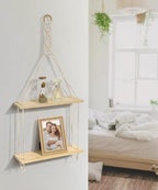 Afuly Macrame Wall Hanging Shelf Boho Floating Shelves Cotton Rope Rustic Home Decor 2 Tiers Plant Hanger Photo Display Tissue Towel Storage Organizer for Living Room Bedroom Bathroom Hallway, Beige