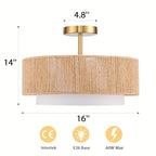 SineRise 16'' Rattan Flush Mount Ceiling Light Fixture,2-Tier Drum Hand-Woven Boho Flush Mount Ceiling Light,Farmhouse Light Fixture for Living Room,Kitchen,Bedroom Foyer Entryway ect. - color: Gold, size: Large Ceiling