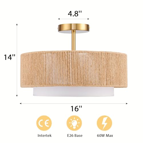 SineRise 16'' Rattan Flush Mount Ceiling Light Fixture,2-Tier Drum Hand-Woven Boho Flush Mount Ceiling Light,Farmhouse Light Fixture for Living Room,Kitchen,Bedroom Foyer Entryway ect. - color: Gold, size: Large Ceiling