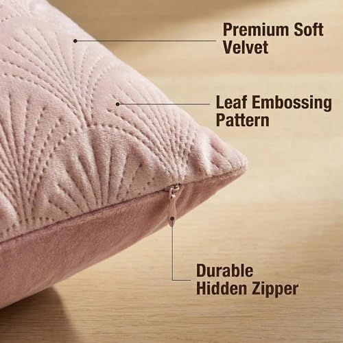Mantle & Mason Modern Scandi Cushion Covers Leaf Pattern Throw Pillow Covers 18x18 inch Set of 2 Soft Velvet Embossing Decorative Pillow Covers for Couch Sofa Bed Chair Living Room Home Decor Pink - color: Leaf Pink, size: 18" x 18" (Pack of 2)