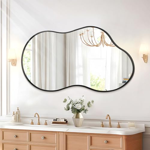JJUUYOU Irregular Wall Mirror Black Metal Framed Decorative Asymmetrical Bathroom Mirrors Large 20"x36" for Living Room Bedroom Entryway Hanging Home Decor - color: Black, size: 36"L x 20"W