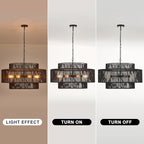 30" Large Black Rattan Chandelier, 8-Light Hand-Woven 3-Tier Drum Wicker Boho Farmhouse Light Fixture, Retro Pendant for Dining Room Kitchen Island Bedroom Living Room Foyer - color: Black 30"