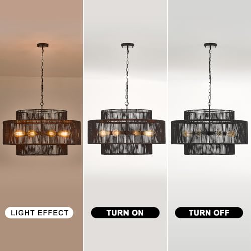 30" Large Black Rattan Chandelier, 8-Light Hand-Woven 3-Tier Drum Wicker Boho Farmhouse Light Fixture, Retro Pendant for Dining Room Kitchen Island Bedroom Living Room Foyer - color: Black 30"