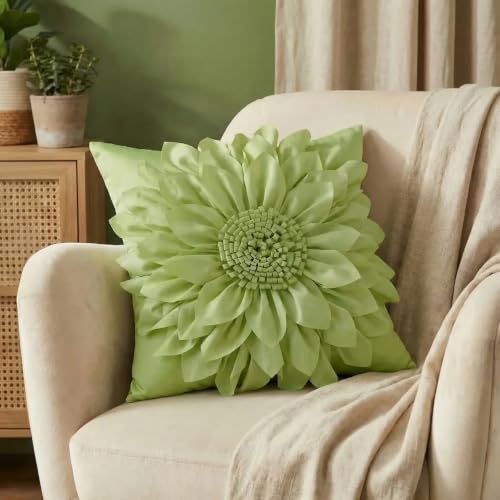 Bella's Giftshop 3D Sunflower Decorative Throw Pillow Covers for Bed Sofa Couch Chair, Accent Floral Taffeta Cushion Cover, Handmade Pillow Cases Living Room Decor, 17x17 Inch-Green/Sage - color: Green
