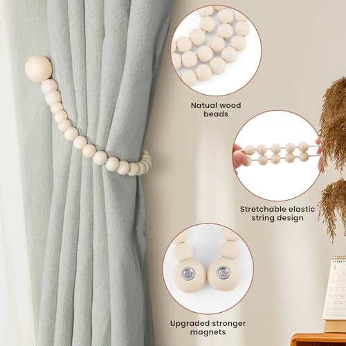 KLOGTSIND Magnetic Curtain Tiebacks, Curtain Holdbacks for Curtains 2 Pack, Wood Bead Curtain Holders for Boho Bedroom Decor, Baby Nursery Decor, Farmhouse Decor - color: Wood Color