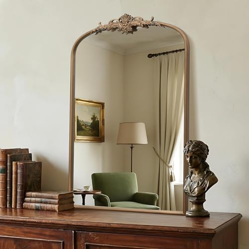 Besdomus Antique Gold Arched Mirror: 24"x36" French Large Brass Vintage Wall Vanity Mirror - Decorative Baroque Traditional Ornate for Entryway/Bathroom/Bedroom - Ideal for Bathroom Renovations - color: Brass Gold, size: 36"L x 24"W