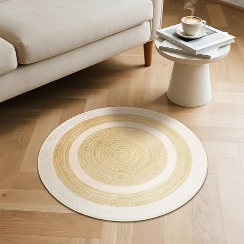 Carvapet 2 ft Round Washable Rug, Imitation Jute Low Pile Circle Carpet with Non Slip Rubber Backing, Foldable Stain Resistant Area Rug for Living Room Bedroom Office Bathroom - color: Sand, size: 2' (Round)
