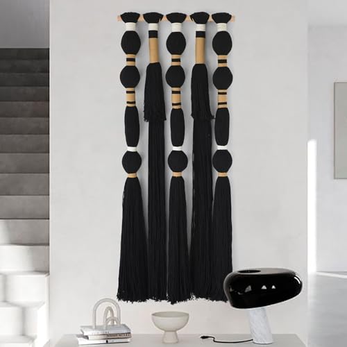 Flber Macrame Wall Hanging Black Sphericity Cotton Tassels Textile Hanging Geometric Yarn Wall Art for Bedroom Living Room Decor 15.7" W x 39" L - color: Black1