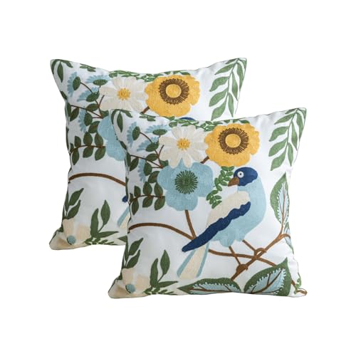 YIcabinet Pack of 2 Throw Pillow Covers,Flower and Bird Pattern Embroidered Pillow Case Soft Decorative Pillowcases for Home Sofa Couch 18x18 Inch - color: White16