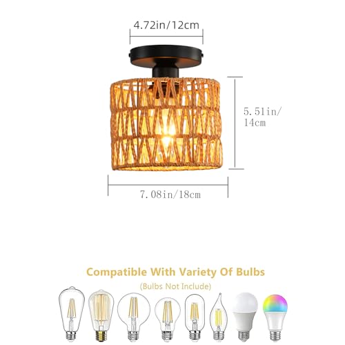 Ceiling Light Fixture,Hand-Woven Rattan Flush Mount Ceiling Light,Farmhouse Light Fixtures Ceiling Mount Boho for Hallway Bedroom Kitchen Entryway Living Room - color: 1 Pack Brown
