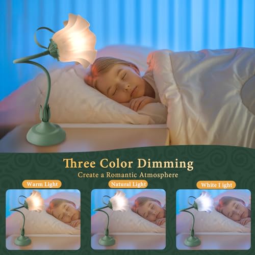 FVTLED Cute Flower Table Lamp, Bedside Vintage Flower Lamp with LED Bulb, 3 Colors Temperature Flower Lamp for Bedroom Living Room Bedside Desk Reading Lighting Table Lamps Home Decoration（Green） - color: Multicolor