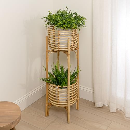 JONATHAN Y Zachariah 33.5" Bohemian Minimalist Handmade Rattan 2-Tier Indoor Planter Stand, Natural Woven Decorative Stand PLN3000A - color: Natural