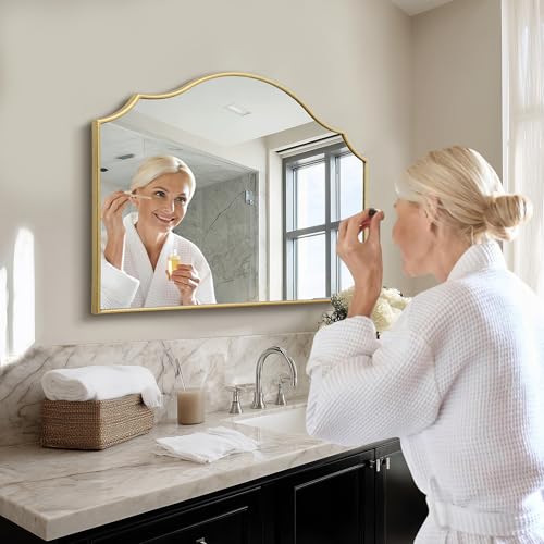 Besdomus Gold Scalloped Mirror for Dresser: 35"x26" Modern Wooden Mantel Mirror - Minimalist Decorative Wall for Vanity/Bedroom/Fireplace/Entryway - Ideal for 20-44 Age Fashion Women - color: Gold Leaf, size: 26"L x 35"W