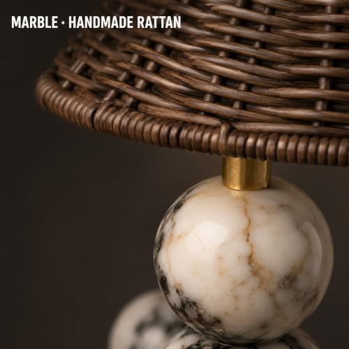 Calacatta Marble Table Lamp with Hand-Woven Rattan Shade, Vintage Stone Lamp with 3 Color Temperatures, Luxury Light for Bedroom Living Room - size: 20.4in