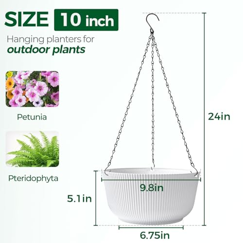 T4U 10 Inch Hanging Planters for Indoor Plants, 2 Pack White Self Watering Hanging Plant Pot, Hanging Pots Set with Drainage Hole & Plug & Chain with 3 Hooks for Garden Home Decor - color: White, size: 10 inch
