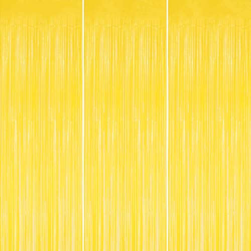 DECOCKRAT 3 Pack Foil Fringe Backdrop - Pastel Yellow Shiny Tinsel Curtains for Party Decoration/Photo Booth Props - 3.3x8.2 FT Metallic Foil Backdrop for Birthday, Wedding, Graduation, Christmas. - color: Pastel Yellow