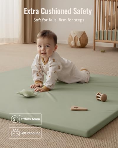Blissful Diary Vegan Leather Baby Play Mat, 50x50 Thicken Foam Cushioned & Waterproof Playpen Mat for Infants and Toddlers, Stylish and Just Wipe-Clean Playmat for Baby Play on Floor, Light Green - color: Light Green, size: 50" X 50"