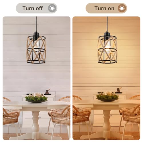 ocioc Hand Woven Hemp Rope Pendant Light, 6.7" Boho Chanderlier Light Fixture, Rattan Cylinder Lamp Shade Lamp, Farmhouse Dome Pendant Lighting for Kitchen Island, Bedroom, Dining Room, Living Room - size: 6.7"