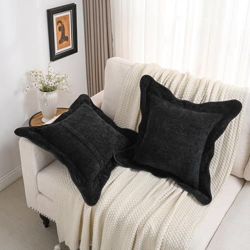 FUTEI Pack of 2 Solid Scalloped Bordered Throw Pillow Covers 16x16 Inch Soft Chenille Decorative Cushion Cases Farmhouse Accent for Couch Bed Living Room, Black - color: Black, size: 16" x 16" (Pack of 2)