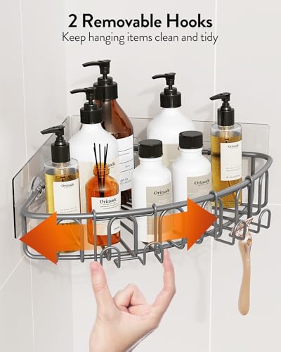 Orimade Corner Shower Caddy with 2 Hooks Wall Mounted Metal Bathroom Shelf Storage Organizer Adhesive No Drilling 2 Pack, Grey Only for 90-Degree Corner - color: Grey