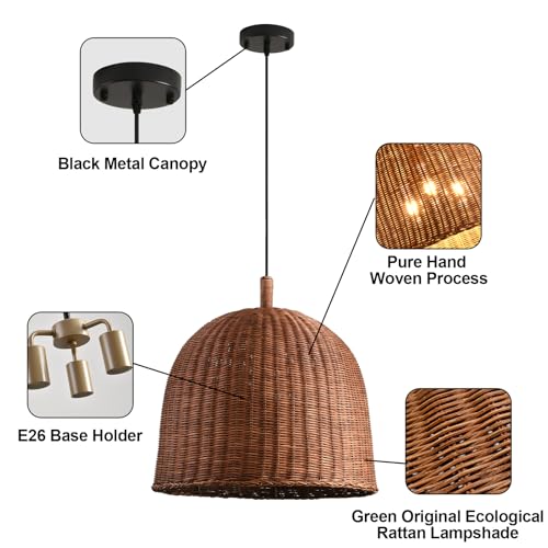 17" Farmhouse Rattan Chandelier 3-Lights Hand Woven Wicker Dining Room Light Coastal Boho Bamboo Pendant Hanging Lighting Fixture for Living Room Bedroom Restaurant Foyer Kitchen Island - color: Coffee-17 IN