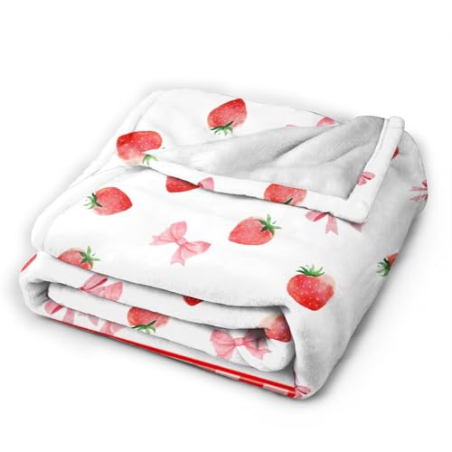 Cute Strawberry Throw Blanket for Couch Chair Sofa Bed, Flannel Soft Watercolor Summer Fruit Pink Ribbon Buffalo Plaid Warm Cozy Farmhouse Blanket for Bedroom Living Room Car All Season 30"x 40" - color: Strawberry02, size: 30X40 inch
