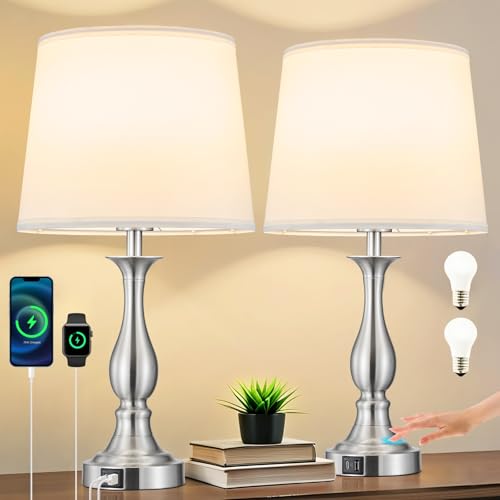 Bedside Table Lamp Touch Control Bedroom Lamps with USB A + C Charging Port 3 Way Dimmable Touch Lamps for Nightstand Living Room Bedroom Dorm Home Office Reading, Set of 2 (White Shade & Nickel Base) - color: White Shade & Nickel Base