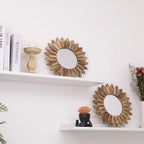 LOSOUR 2 Pack Boho Wall Decor Sunburst Mirror 12 inch Rustic Round Wood Mirror Boho Mirror Farmhouse wall Decor for Bedroom Living Room Entryway