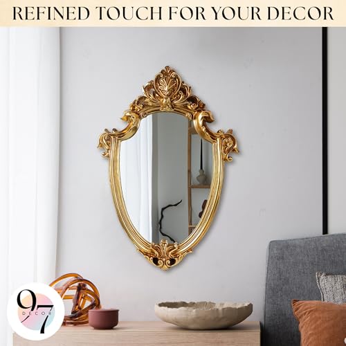 97 Decor Decorative Gold Wall Mirror Vintage Decor - Small Antique Mirror for Table Top and Wall Mounting, Ornate Vintage Mirrors Frame for Home, Bedroom, Makeup Room (11.6x9 Inch) - color: Royal Shield