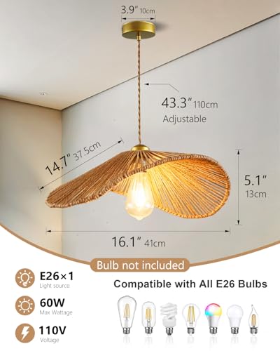 Boho Rattan Pendant Light, 16.1" Handmade Woven Chandelier for Dining Room Wicher Hanging lamp Farmhouse Rattan Chandelier for Kitchen Island Living Room Bedroom - color: 16.14″-Fan-shaped