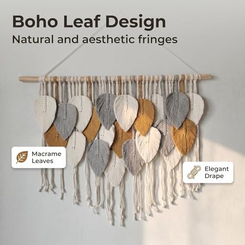 Jditngp Large Macrame Wall Hanging Boho Woven Leaf Tapestry,Hand Woven Tassels,Nordic Home Decorations Bohemian Handmade Leaf Feather Big Wall Art Decor for Living Room Bedroom Apartment 39" Wx31.5 L - color: grey21