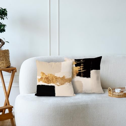 Black Beige Gold Pillow Covers, Abstract Black and Gold Pillow Covers 18x18 Set of 2, Modern Boho Home Decor, Black and Gold Pillows Decorative Throw Pillows for Couch Living Room Bedroom - color: Black Beige Gold, size: 18" x 18" (Pack of 1)