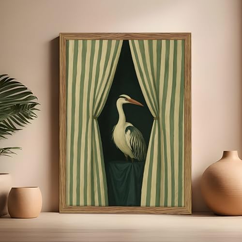 Framed Curtain Crane Canvas Wall ArtFramed Bird Wall Art, Elegant Heron Canvas Print, Vintage Coastal Bird Wall Decor, Abstract Heron Painting, Striped Curtain Picture Poster Artwork for Living Room Bedroom 16x24 inch - color: Elegant Heron, size: 24"L x