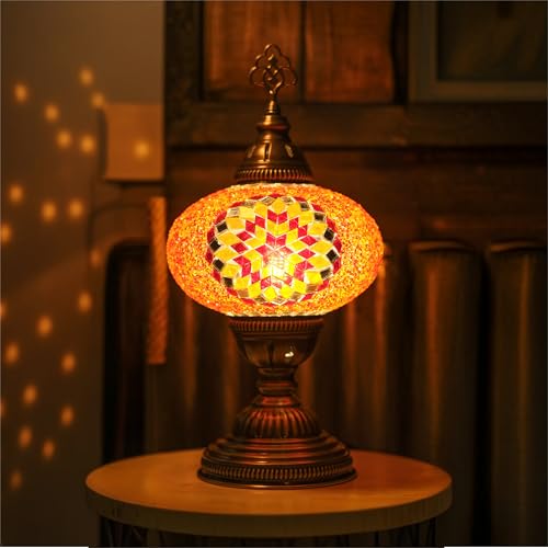 Turkish Lamp, Mosaic Table Lamp, Antique Moroccan Decorative Glass Bohemian Vintage Lamp Shade, Small Desk Tiffany Bedside Stained Glass Lamp with US Plug and E12 Socket - color: Orange Red-6