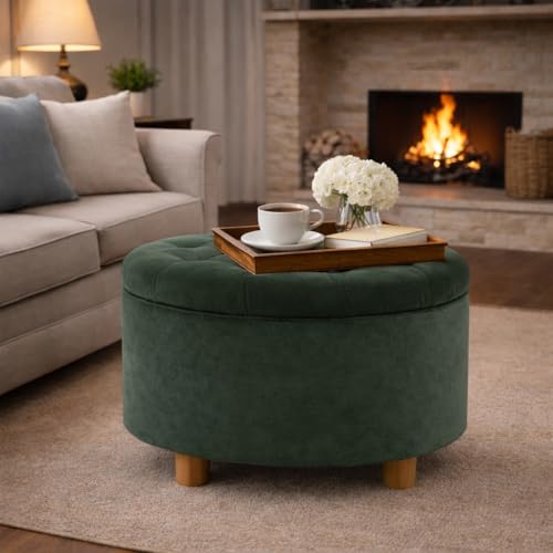 HomePop Home Decor | Large Button Tufted Velvet Round Storage Ottoman | Ottoman with Storage for Living Room & Bedroom, Loden Green Velvet, 28" - color: Loden Green Velvet