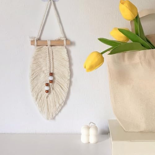 Megsv Handwoven Macrame Leaf Wall Hanging with Wood Beads - Natural Cotton Rope Wall Art for Boho Chic Home Decor, Rustic Interior Design (White)