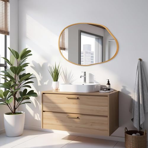 Gold Irregular Wall Mirror Aluminum Alloy Frame Asymmetrical Bathroom Mirrors Brushed Metal Vanity Wall Mounted Mirror for LivingRoom Bedroom Entryway Room Home Decor Large 22"x30" - color: Gold, size: 30"L x 22"W