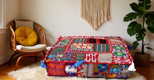 CRAFT KALA Indian Square Patchwork Traditional Pouf Cover Indian Living Room Poufs Decorative Embroidered Designer Ottoman Home Living Footstool Chair Cover Decor Pillow Cover 18x18x5 inches, Red - color: Red, size: 18"D x 18"W x 5"H