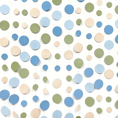 Dusty Blue and Sage Green Beige Polka Dot Garland Olive Green Dusty Blue Cream Nude Hanging Paper Circle Dots Streamer for Birthday Baby Shower Wedding One Silly Goose Theme Party Decorations Supplies - color: Blue Green Beige