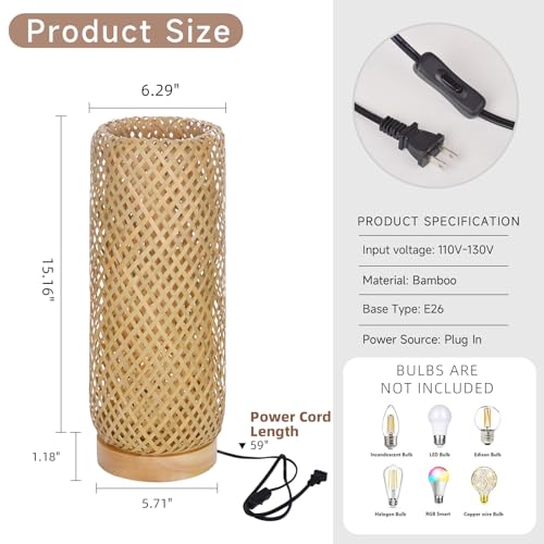 Bamboo Table Lamp，Boho Rattan Bedside Lamp for Bedroom, Vintage Wicker Wooden Nightstand Lamp Shade Rustic Farmhouse Indirect Lighting Accent Light Decor for Living Room