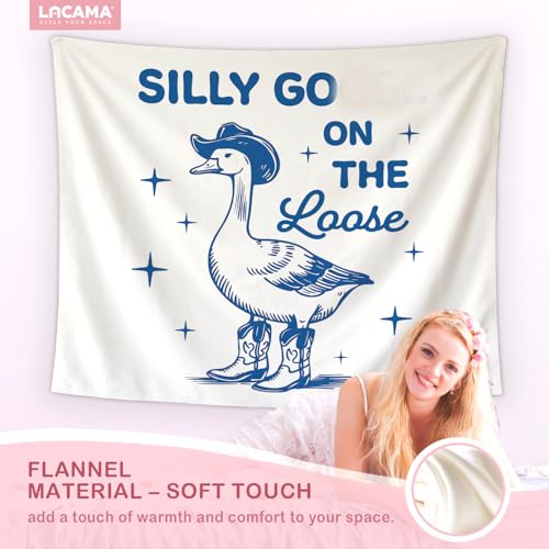 Lacama Blue Funny Tapestry, Cute Goose Tapestry for Bedroom Teen Girls Room College Dorm Apartment, Preppy College Dorm Decor, Sorry I’m late, Goose on the Loose Blanket for Friend 50x60 - color: silly goose-1-blue